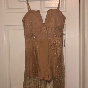 Gold/Beige High Low Romper with glitter overlay